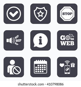 Mobile payments, wifi and calendar icons. Information icons. Stop prohibition and user blacklist signs. Approved check mark symbol. Go to web symbol.