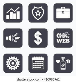 Mobile payments, wifi and calendar icons. Business icons. Graph chart and case signs. Dollar currency and gear cogwheel symbols. Go to web symbol.