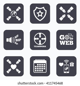 Mobile payments, wifi and calendar icons. Teamwork icons. Helping Hands with globe and heart symbols. Group of employees working together. Go to web symbol.