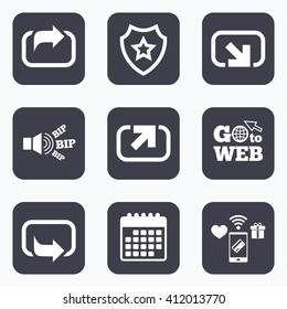Mobile payments, wifi and calendar icons. Action icons. Share symbols. Send forward arrow signs. Go to web symbol.