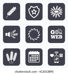 Mobile payments, wifi and calendar icons. Agricultural icons. Gluten free or No gluten signs. Wreath of Wheat corn symbol. Go to web symbol.