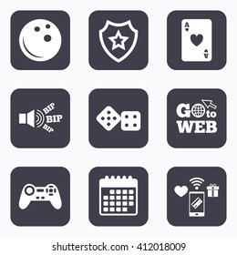 Mobile payments, wifi and calendar icons. Bowling and Casino icons. Video game joystick and playing card with dice symbols. Entertainment signs. Go to web symbol.
