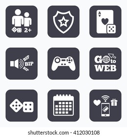 Mobile payments, wifi and calendar icons. Gamer icons. Board games players signs. Video game joystick symbol. Casino playing card. Go to web symbol.