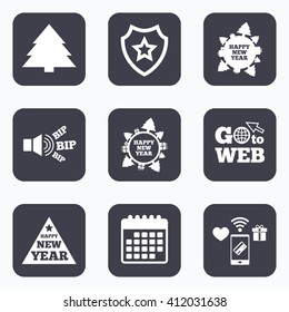 Mobile payments, wifi and calendar icons. Happy new year icon. Christmas trees signs. World globe symbol. Go to web symbol.
