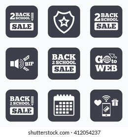 Mobile payments, wifi and calendar icons. Back to school sale icons. Studies after the holidays signs. Pencil symbol. Go to web symbol.