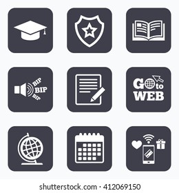 Mobile payments, wifi and calendar icons. Pencil with document and open book icons. Graduation cap and geography globe symbols. Learn signs. Go to web symbol.