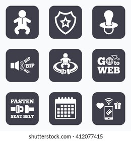 Mobile payments, wifi and calendar icons. Baby infants icons. Toddler boy with diapers symbol. Fasten seat belt signs. Child pacifier and pram stroller. Go to web symbol.