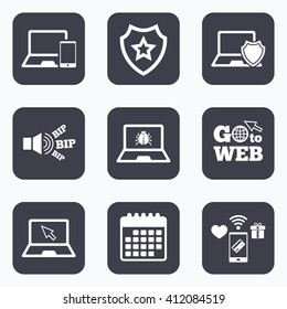 Mobile payments, wifi and calendar icons. Notebook laptop pc icons. Virus or software bug signs. Shield protection symbol. Mouse cursor pointer. Go to web symbol.