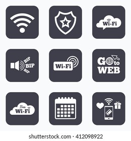 Mobile payments, wifi and calendar icons. Free Wifi Wireless Network cloud speech bubble icons. Wi-fi zone sign symbols. Go to web symbol.
