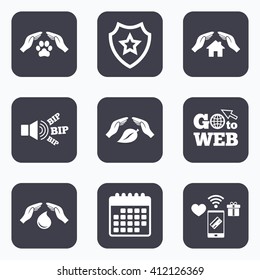Mobile payments, wifi and calendar icons. Hands insurance icons. Shelter for pets dogs symbol. Save water drop symbol. House property insurance sign. Go to web symbol.