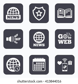 Mobile payments, wifi and calendar icons. News icons. World globe symbols. Open book sign. Education literature. Go to web symbol.