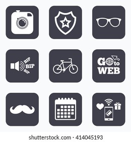 Mobile payments, wifi and calendar icons. Hipster photo camera with mustache icon. Glasses symbol. Bicycle family vehicle sign. Go to web symbol.