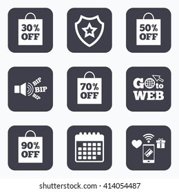 Mobile payments, wifi and calendar icons. Sale bag tag icons. Discount special offer symbols. 30%, 50%, 70% and 90% percent off signs. Go to web symbol.