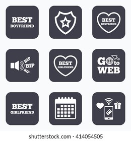 Mobile payments, wifi and calendar icons. Best boyfriend and girlfriend icons. Heart love signs. Award symbol. Go to web symbol.
