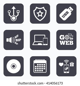 Mobile payments, wifi and calendar icons. Usb flash drive icons. Notebook or Laptop pc symbols. Smartphone device. CD or DVD sign. Compact disc. Go to web symbol.