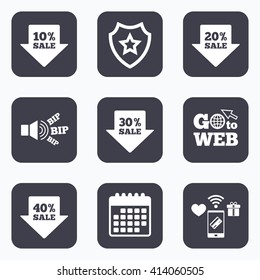 Mobile payments, wifi and calendar icons. Sale arrow tag icons. Discount special offer symbols. 10%, 20%, 30% and 40% percent sale signs. Go to web symbol.