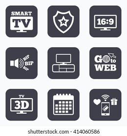 Mobile payments, wifi and calendar icons. Smart TV mode icon. Aspect ratio 16:9 widescreen symbol. 3D Television and TV table signs. Go to web symbol.
