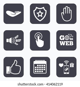 Mobile payments, wifi and calendar icons. Hand icons. Like thumb up symbol. Click here press sign. Helping donation hand. Go to web symbol.