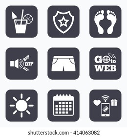 Mobile payments, wifi and calendar icons. Beach holidays icons. Cocktail, human footprints and swimming trunks signs. Summer sun symbol. Go to web symbol.
