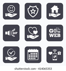 Mobile payments, wifi and calendar icons. Smile and hand icon. Heart and Tick or Check symbol. Palm holds house building sign. Go to web symbol.
