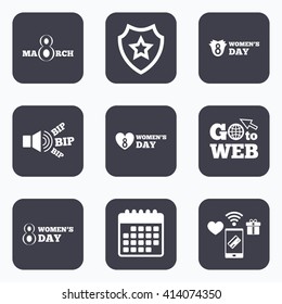 Mobile payments, wifi and calendar icons. 8 March Women's Day icons. Tulips or rose flowers bouquet and heart sign symbols. Go to web symbol.