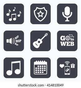 Mobile payments, wifi and calendar icons. Music icons. Microphone karaoke symbol. Music notes and acoustic guitar signs. Go to web symbol.