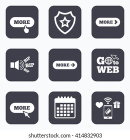 Mobile payments, wifi and calendar icons. More with cursor pointer icon. Details with arrow or hand symbols. Click more sign. Go to web symbol.