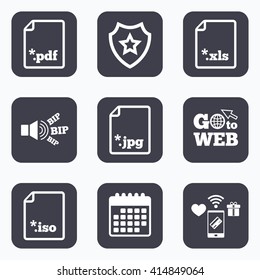 Mobile payments, wifi and calendar icons. Download document icons. File extensions symbols. PDF, XLS, JPG and ISO virtual drive signs. Go to web symbol.