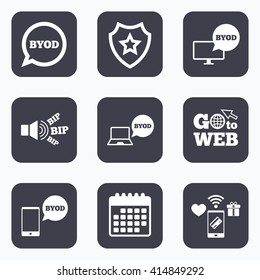 Mobile payments, wifi and calendar icons. BYOD icons. Notebook and smartphone signs. Speech bubble symbol. Go to web symbol.