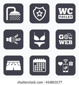 Mobile payments, wifi and calendar icons. Swimming pool icons. Shower water drops and swimwear symbols. WC Toilet sign. Trunks and women underwear. Go to web symbol.