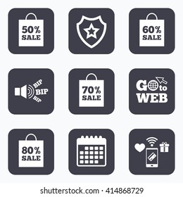 Mobile payments, wifi and calendar icons. Sale bag tag icons. Discount special offer symbols. 50%, 60%, 70% and 80% percent sale signs. Go to web symbol.