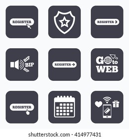 Mobile payments, wifi and calendar icons. Register with hand pointer icon. Mouse cursor symbol. Membership sign. Go to web symbol.