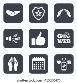 Mobile payments, wifi and calendar icons. Hand icons. Like thumb up symbol. Insurance protection sign. Human helping donation hand. Prayer hands. Go to web symbol.
