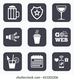 Mobile payments, wifi and calendar icons. Drinks icons. Take away coffee cup and glass of beer symbols. Wine glass and cocktail signs. Go to web symbol.