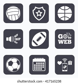 Mobile payments, wifi and calendar icons. Sport balls icons. Volleyball, Basketball, Soccer and American football signs. Team sport games. Go to web symbol.