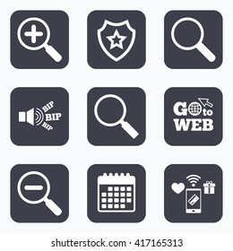 Mobile payments, wifi and calendar icons. Magnifier glass icons. Plus and minus zoom tool symbols. Search information signs. Go to web symbol.