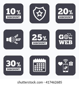 Mobile payments, wifi and calendar icons. Sale discount icons. Special offer price signs. 10, 20, 25 and 30 percent off reduction symbols. Go to web symbol.