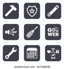 Mobile payments, wifi and calendar icons. Screwdriver and wrench key tool icons. Bubble level and hammer sign symbols. Go to web symbol.