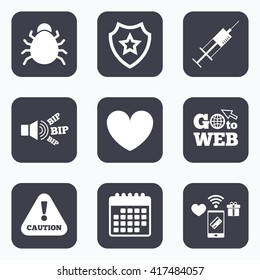Mobile payments, wifi and calendar icons. Bug and vaccine syringe injection icons. Heart and caution with exclamation sign symbols. Go to web symbol.