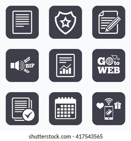 Mobile payments, wifi and calendar icons. File document icons. Document with chart or graph symbol. Edit content with pencil sign. Select file with checkbox. Go to web symbol.