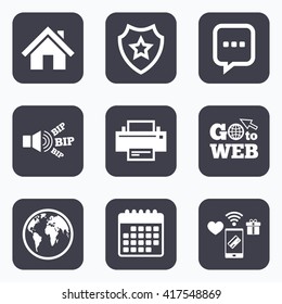 Mobile payments, wifi and calendar icons. Home main page and globe icons. Printer and chat speech bubble with suspension points sign symbols. Go to web symbol.