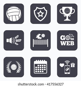 Mobile payments, wifi and calendar icons. Volleyball and net icons. Winner award cup and laurel wreath symbols. Beach sport symbol. Go to web symbol.