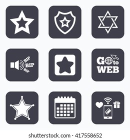 Mobile payments, wifi and calendar icons. Star of David icons. Sheriff police sign. Symbol of Israel. Go to web symbol.