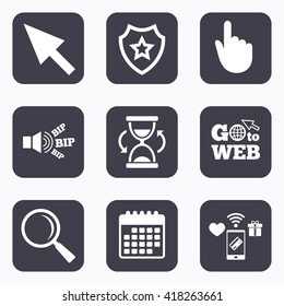Mobile payments, wifi and calendar icons. Mouse cursor and hand pointer icons. Hourglass and magnifier glass navigation sign symbols. Go to web symbol.