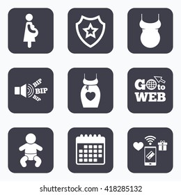 Mobile payments, wifi and calendar icons. Maternity icons. Baby infant, pregnancy and shirt signs. Dress with heart symbol. Go to web symbol.