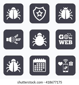 Mobile payments, wifi and calendar icons. Bugs vaccination icons. Virus software error sign symbols. Go to web symbol.