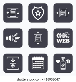 Mobile payments, wifi and calendar icons. Archive file icons. Compressed zipped document signs. Data compression symbols. Go to web symbol.