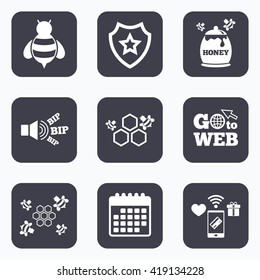 Mobile payments, wifi and calendar icons. Honey icon. Honeycomb cells with bees symbol. Sweet natural food signs. Go to web symbol.