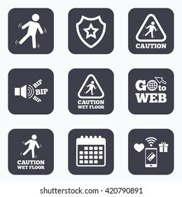 Mobile payments, wifi and calendar icons. Caution wet floor icons. Human falling triangle symbol. Slippery surface sign. Go to web symbol.