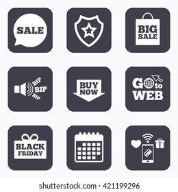 Mobile payments, wifi and calendar icons. Sale speech bubble icons. Buy now arrow symbols. Black friday gift box signs. Big sale shopping bag. Go to web symbol.